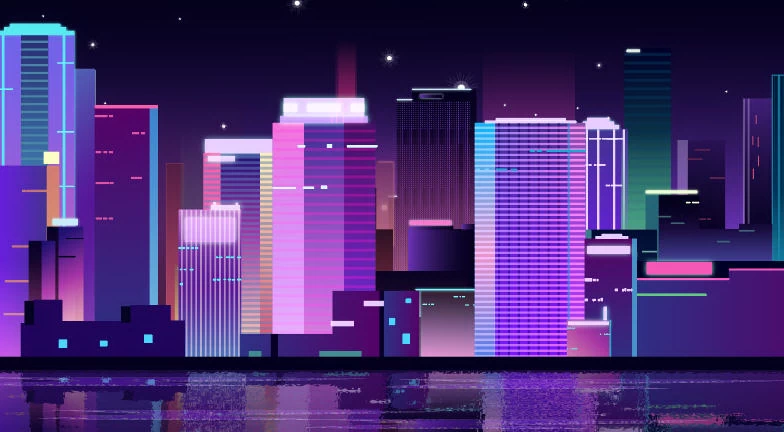 未来科技科幻霓虹灯渐变绚丽城市建筑夜景灯光插画AI/PSD设计素材100套【014】